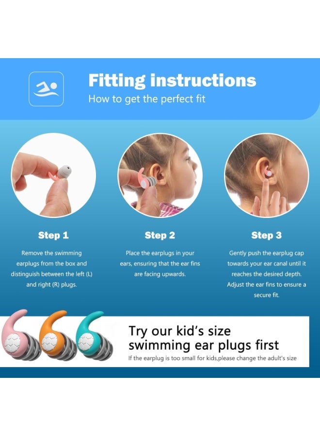 سدادات أذن للسباحة للأطفال – 3 أزواج من سدادات الأذن المصنوعة من السيليكون المقاوم للماء مع عزل للضوضاء، مثالية للاستحمام، ركوب الأمواج، السباحة، الغوص والرياضات المائية الأخرى (أزرق سماوي، برتقالي، وردي – مناسبة للأطفال من 5 إلى 12 سنة) - Image 5